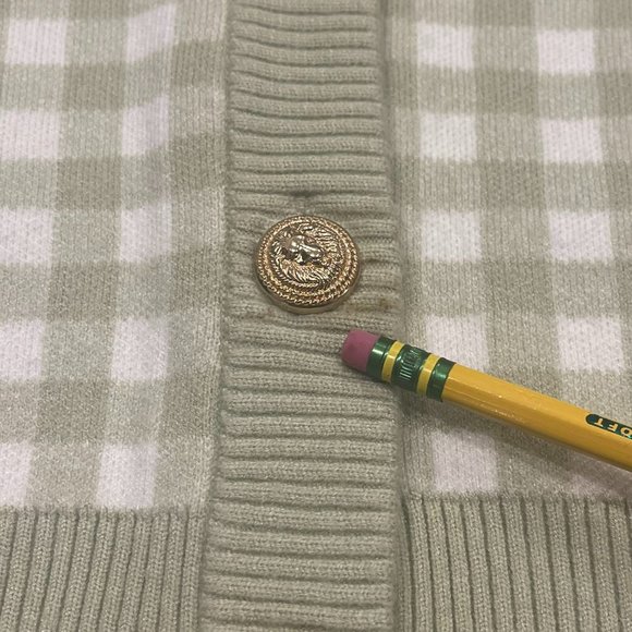 Joie Women’s Pale Green V Neck Gingham Print Gold Buttoned Cardigan, Size M - Picture 6 of 6